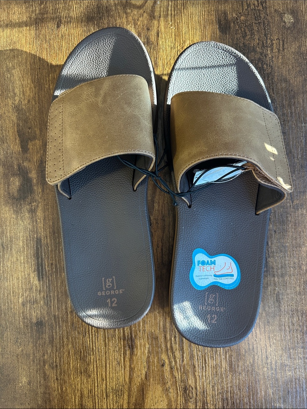 Size 12 George Men's Brown Slide Sandals with FoamTech Cushioning
